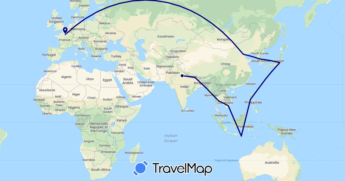 TravelMap itinerary: driving in China, France, Indonesia, India, Japan, Cambodia, South Korea, Nepal, Philippines, Thailand, Vietnam (Asia, Europe)